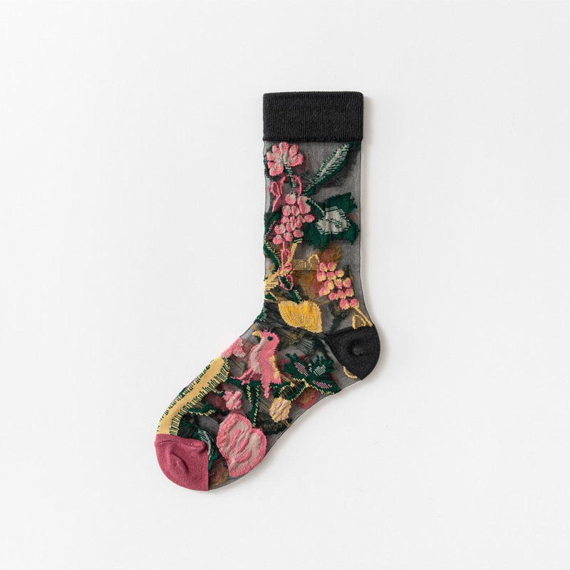 Evie - Dark Academia Floral Novelty Crystal Silk Tide Socks - TheDarkAcademic