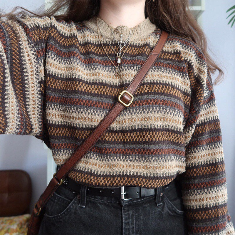 Binx - Dark Academia Sweater Vintage Knitwear Striped O-Neck Pullover - TheDarkAcademic