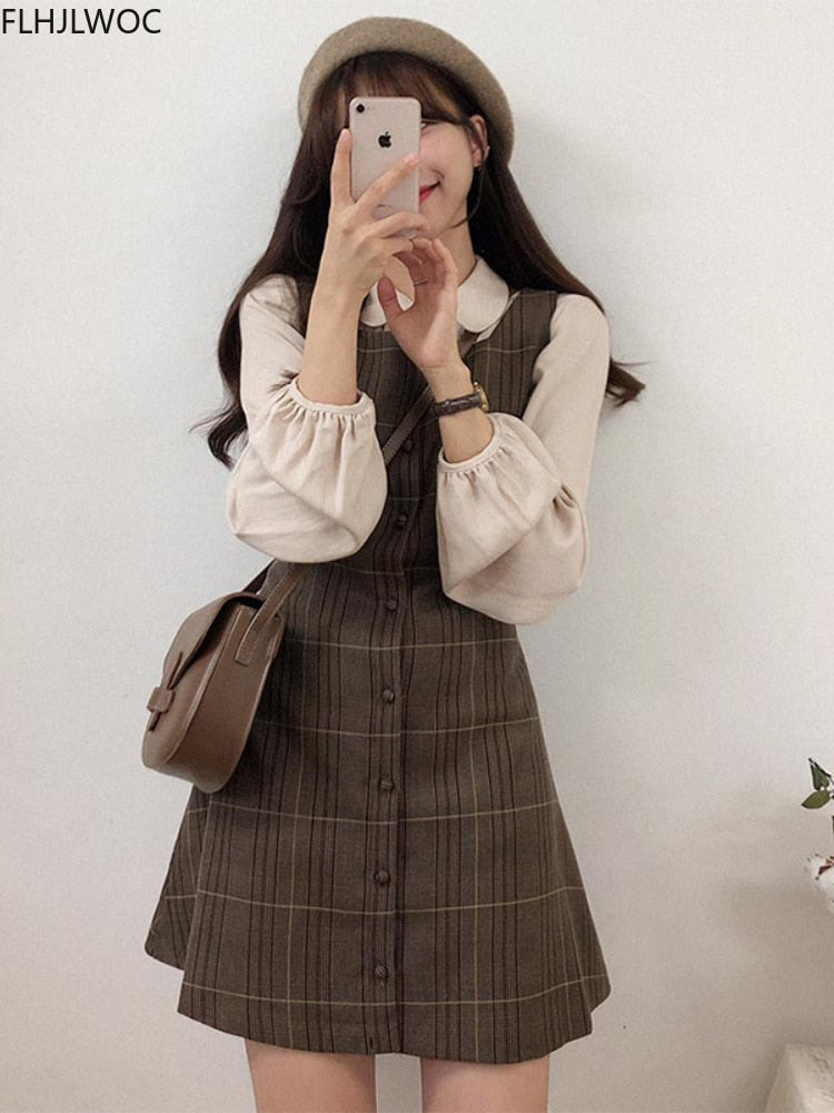 Vell - Cute Mini Dress Retro Vintage Plaid Button Shirt Dress