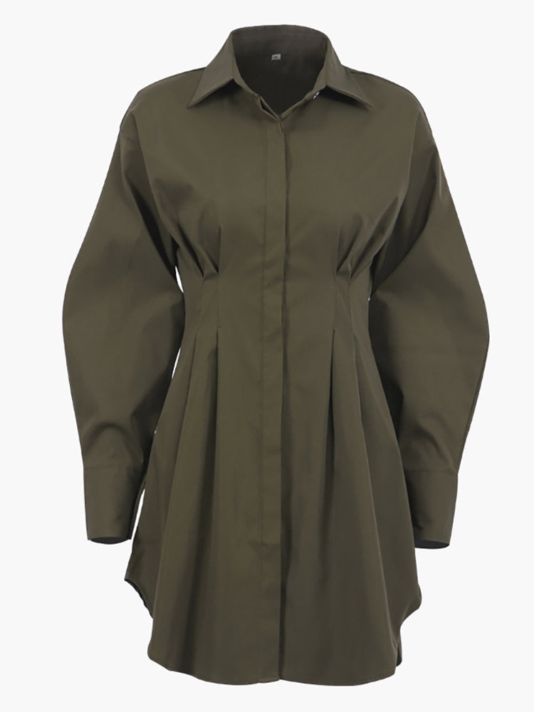 Mellany - Long Sleeve Pleated Shirt Dress, Office Lapel Khaki