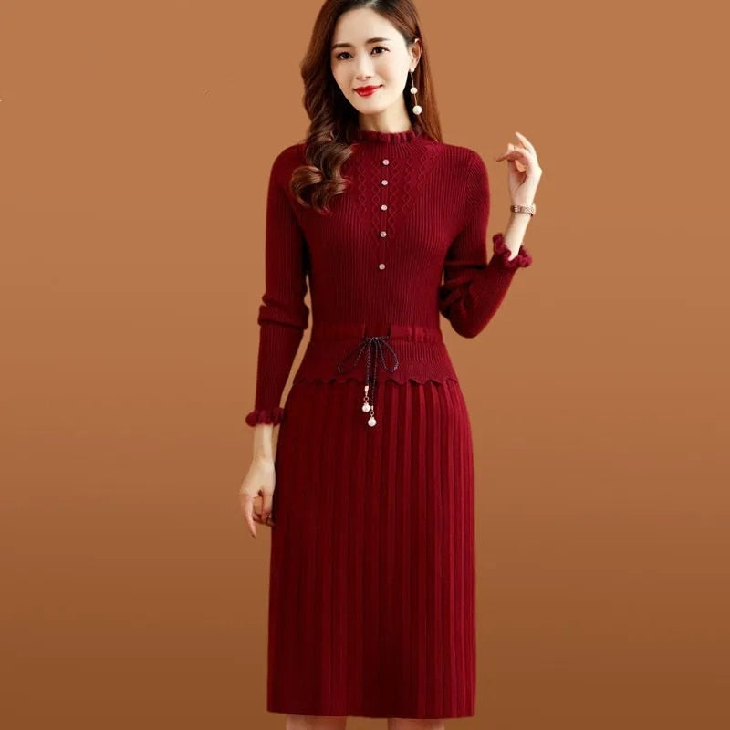 Timeria - Pleated Knitted Dress Fake Two Piece, Ruffle Long Sleeve Slim Sweater Style