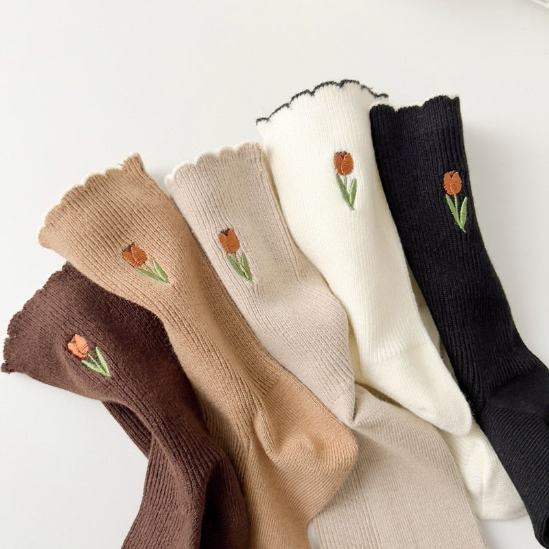 Tulip Floral Embroidery with Ruffle Top Socks