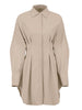 Mellany - Long Sleeve Pleated Shirt Dress, Office Lapel Khaki