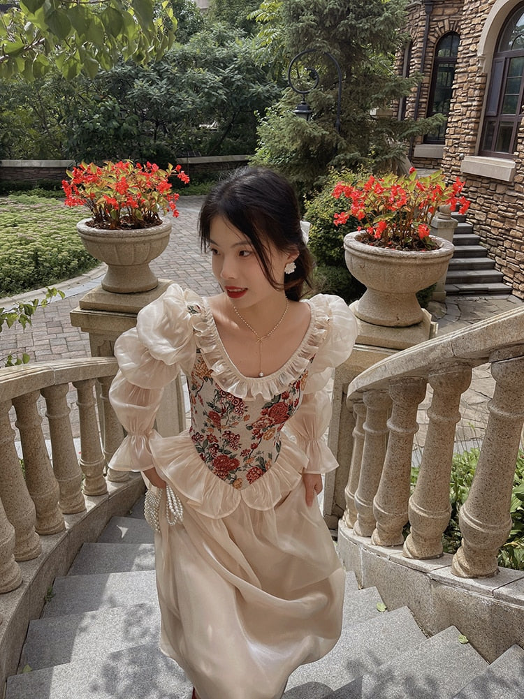 Eloquine - French Vintage Floral Print Dress, O-neck Elegant Evening Party Puff Sleeve Fairy Dress