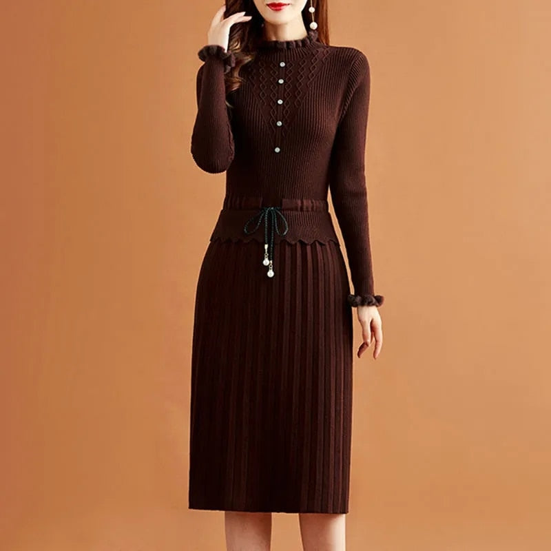 Timeria - Pleated Knitted Dress Fake Two Piece, Ruffle Long Sleeve Slim Sweater Style