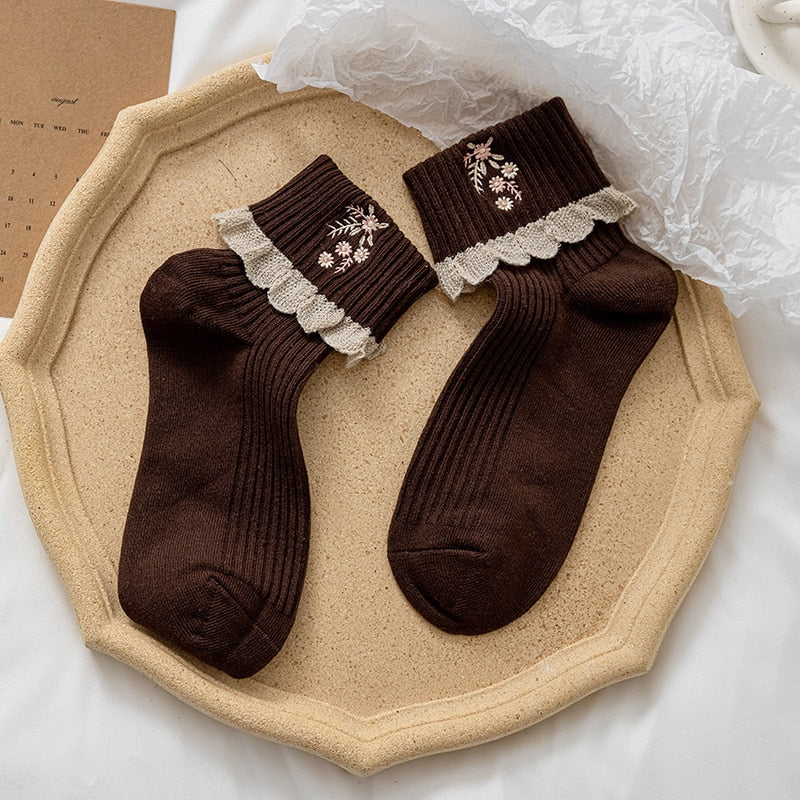 Cute Socks Lolita Lace Frilly Ruffle Socks, Flower Embroidery