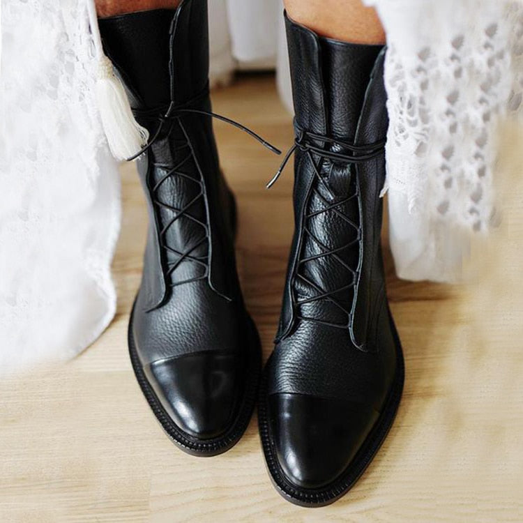 Heather - Patent Leather British Style Flat Boots - DarkAcademic