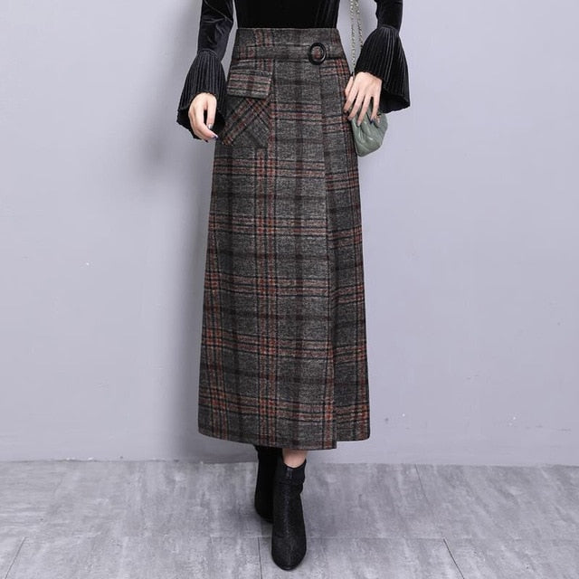Shelia - Hight Waist Wool Long Plaid Skirt - DarkAcademic
