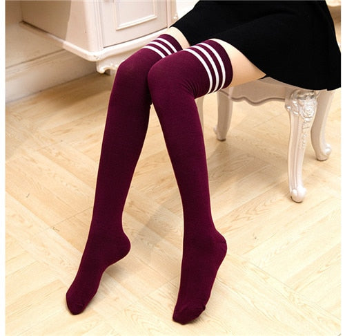 Vera - Thigh High Cotton Stripped Stockings - DarkAcademic