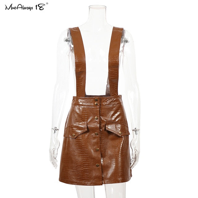 Astrid - Faux Leather Suspender Skirt - DarkAcademic