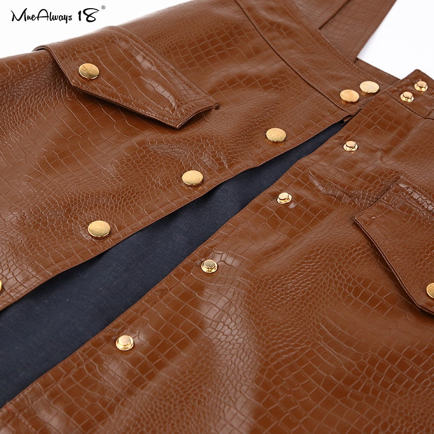 Astrid - Faux Leather Suspender Skirt - DarkAcademic