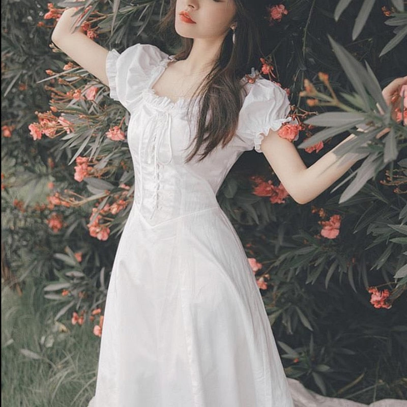 Maria -  White French Puff Sleeve Dress - DarkAcademic