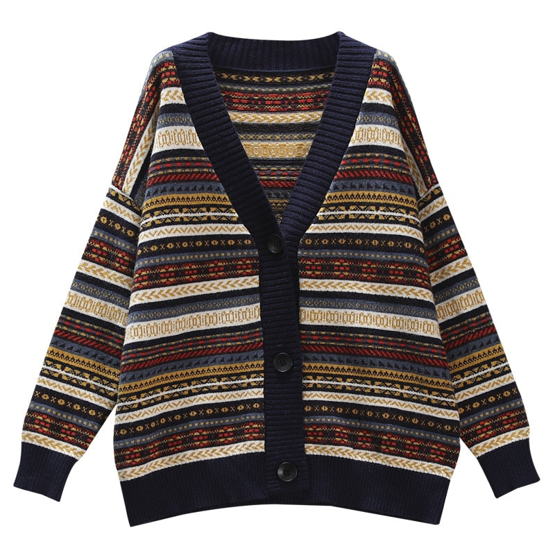 Faye - retro cardigan jacquard v-neck long-sleeved sweater - TheDarkAcademic