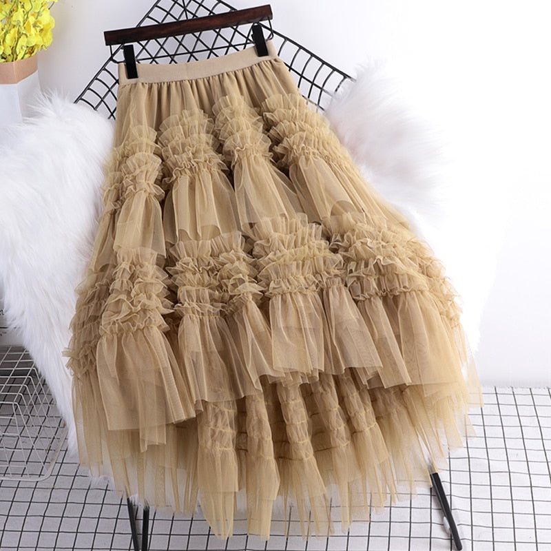 Ciara - Ruffles Hem Mesh Stitching Skirt  A-line Ball Grown Cake - TheDarkAcademic