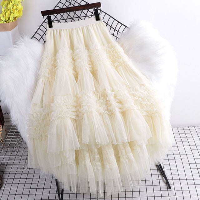 Ciara - Ruffles Hem Mesh Stitching Skirt  A-line Ball Grown Cake - TheDarkAcademic