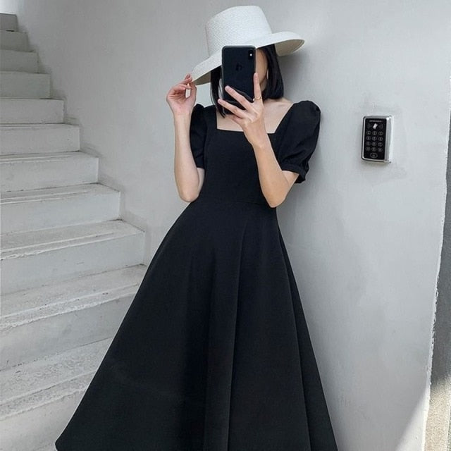 Harper - Elegant Puff Sleeve Dress - DarkAcademic