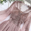 Jamie - Mesh Lace Crochet Dresses Elegant Prom Puff Sleeves V-neck - TheDarkAcademic