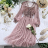 Jamie - Mesh Lace Crochet Dresses Elegant Prom Puff Sleeves V-neck - TheDarkAcademic