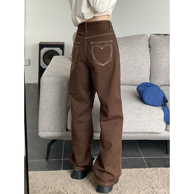 Lucille - Brown Women's Jeans High Waisted Vintage Straight Baggy Denim Pants - TheDarkAcademic