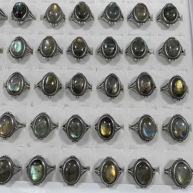 Eloise - Drop-Dead natural stone labradorite moonstone ring for Spring - TheDarkAcademic